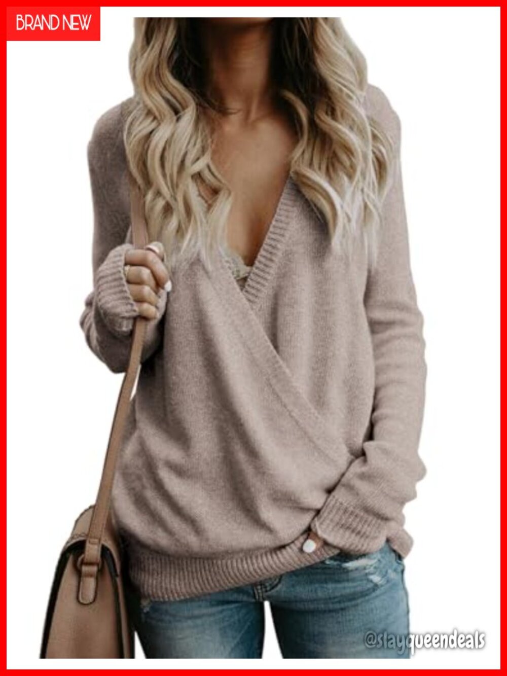 Women's Wrap Sweater Long Sleeve V-Neck Ribbed Knit Pullover Loose Fit